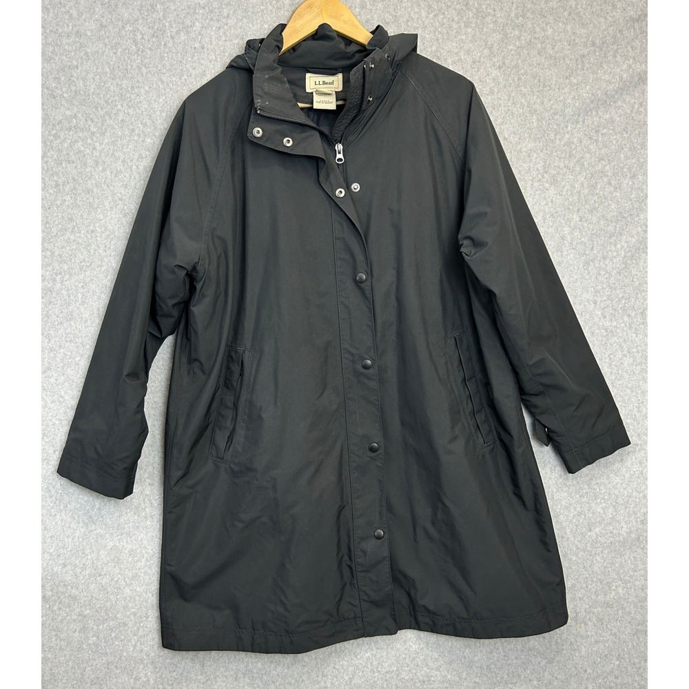 LL Bean Rain Jacket Black Hooded Plaid Lined Long Coat Womens Large Petite READ